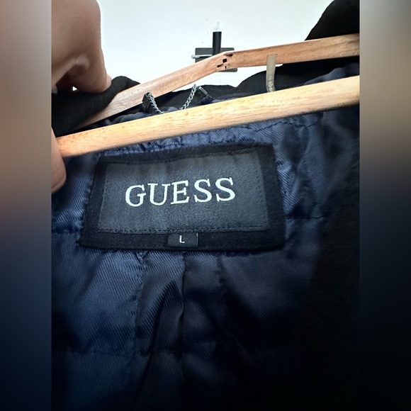 Men's Guess Wool Blend Black Felted Peacoat Jacket Coat Pockets Sz L - Picture 3 of 9